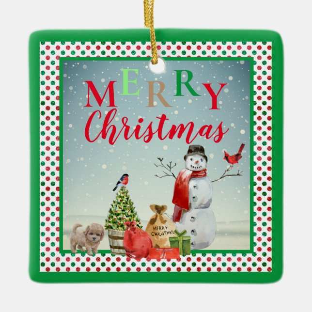 Festlicher Urlaub Winter Snowman Szene Keramikornament (Vorderseite)