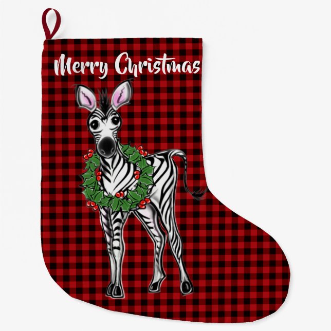 Festlicher Urlaub Zebra, Holly Kranz, Büffel karie Großer Weihnachtsstrumpf (Vorderseite)