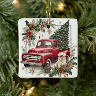 Festlicher Vintage-Roter-LKW-Weihnachtsbaum-Schmuc Keramikornament