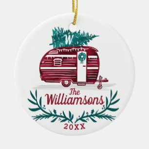 Festlicher Vintage-Roter Wohnwagen-Weihnachtsbaum- Keramik Ornament