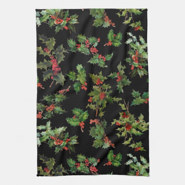 Festlicher Vintager Stil - Holly-Black Hintergrund Geschirrtuch (Vertikal)