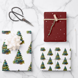 Festlicher Wasserfarben-Weihnachtsbaum Roter Feier Geschenkpapier Set