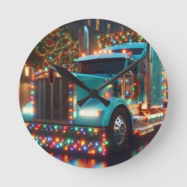 Festlicher Weihnachts-LKW mit Lichtern Runde Wanduhr (Vorderseite)