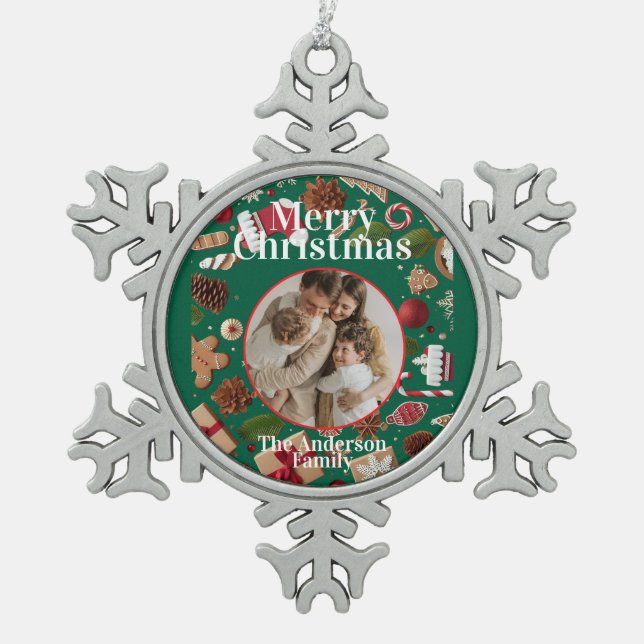 Festlicher Weihnachts-Schneeflocken-Rahmen-Schmuck Schneeflocken Zinn-Ornament (Vorderseite)
