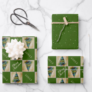 Festlicher Weihnachtsbaum Wasserfarbe Grün Urlaub Geschenkpapier Set