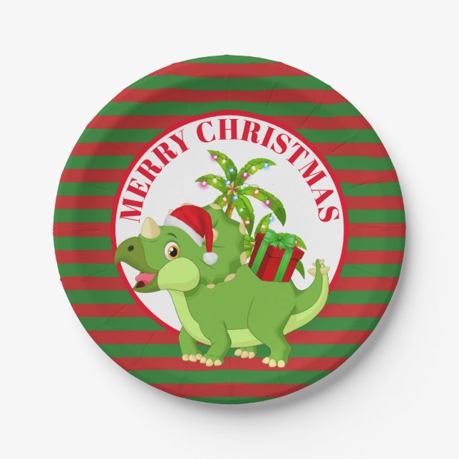 Festlicher Weihnachtsdinosaurier addieren Pappteller (Vorderseite)