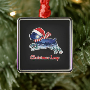 Festlicher Weihnachtshund beim Sprung   Süßer Welp Ornament Aus Metall