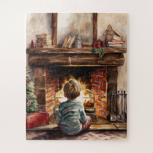 Festlicher Weihnachtsjunge Kamin Aquarell (Vertikal)