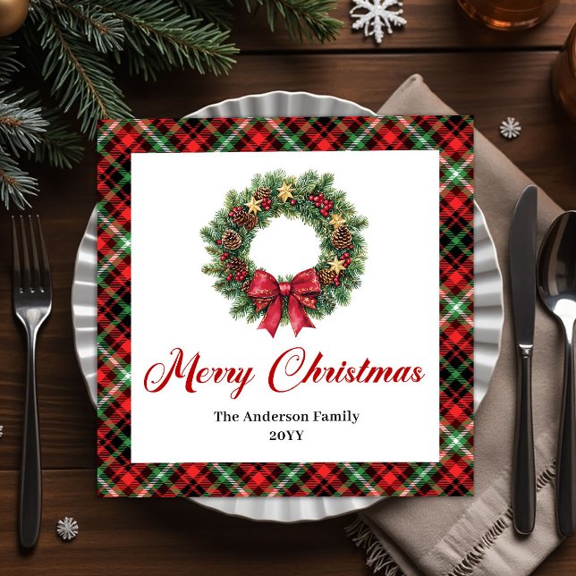 Festlicher Weihnachtskranz in Rot-Grün-Karo Serviette (Festive Christmas Wreath in Red Green Plaid Paper Dinner Napkins)