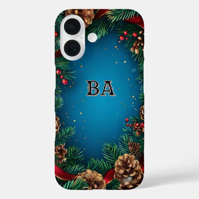 Festlicher Weihnachtskranz mit Kiefernzapfen iPhone 16 Hülle (Rückseite)