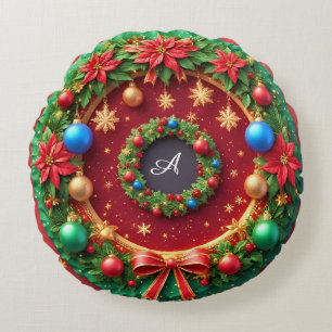 Festlicher Weihnachtskranz mit roten Poinsettien Rundes Kissen