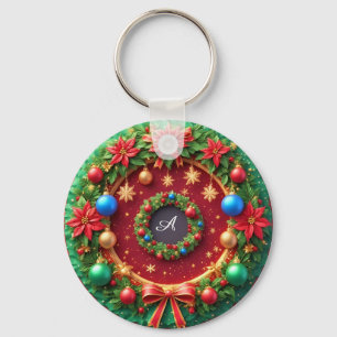 Festlicher Weihnachtskranz mit roten Poinsettien Schlüsselanhänger
