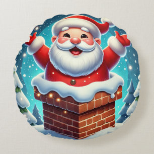 Festlicher Weihnachtsmann, der aus dem Schornstein Rundes Kissen