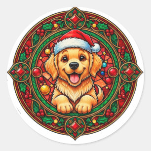 Festlicher Weihnachtsmann-Hund-Cartoon Runder Aufkleber