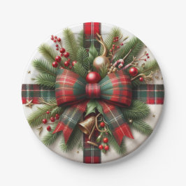 Festlicher Weihnachtsroter Tartan-Bogen & Kiefer  Pappteller