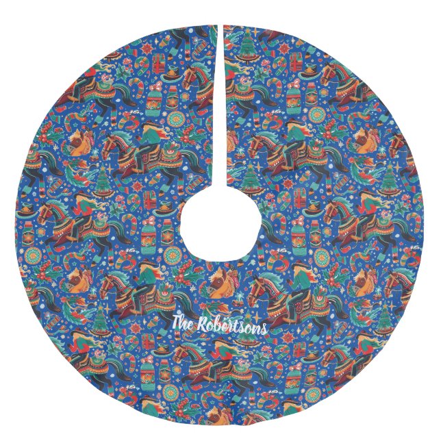Festlicher Western Cowgirl Blue Christmas Polyester Weihnachtsbaumdecke (Vorderseite)