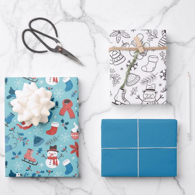 Festlicher Winter Niedlich Doodle Farbenfroh Schwa Geschenkpapier Set (Vorderseite)