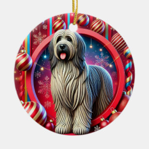 Festlicher zotteliger Hund mit Weihnachtsdekoratio Keramik Ornament