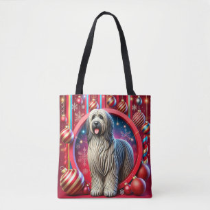 Festlicher zotteliger Hund mit Weihnachtsdekoratio Tasche