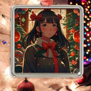Festliches Anime Girl am Weihnachtsabend Ornament Aus Metall