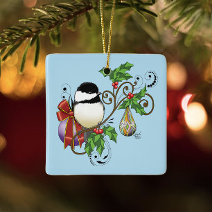 Festliches Blaues Vintage-Weihnachtsmeisenbild Keramikornament