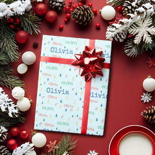 Festliches blaues Weihnachten Wiederholender Name Geschenkpapier