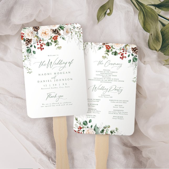 Festliches Blumiges Weihnachts-Winterhochzeitsprog Fächer (Festive Floral Holiday Winter Wedding Program Hand Fan)