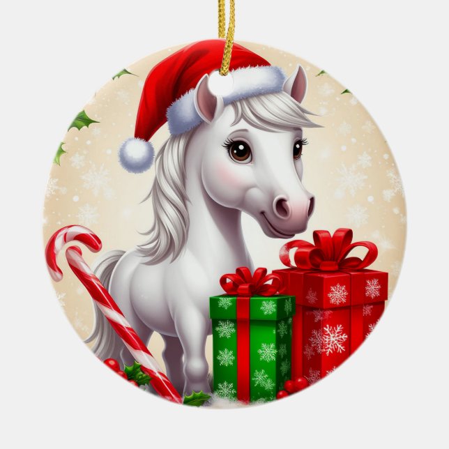 Festliches Cartoon Pferd in Weihnachtsmannmütze mi Keramik Ornament (Vorne)