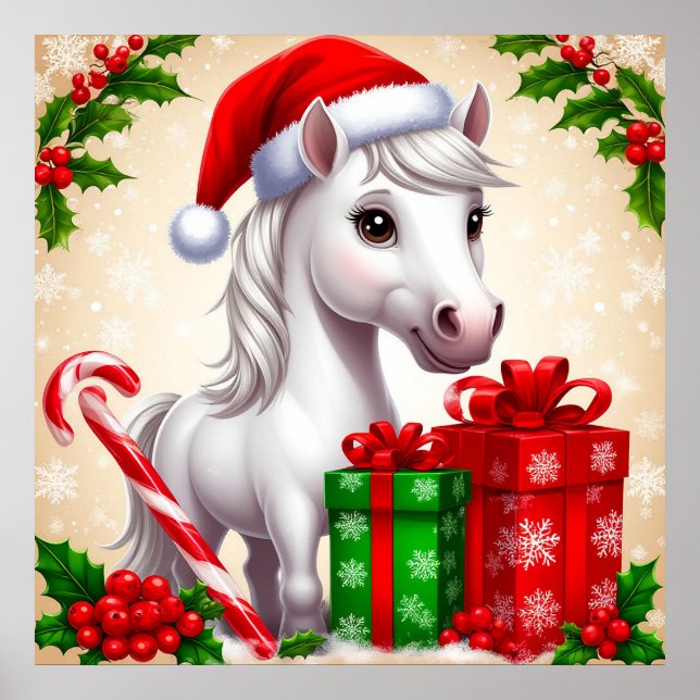 Festliches Cartoon Pferd in Weihnachtsmannmütze mi Poster (Vorne)