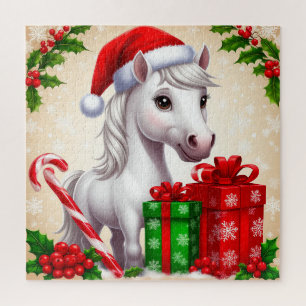 Festliches Cartoon-Pferd mit Weihnachtsmannmütze u