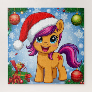 Festliches Cartoon-Pony mit Weihnachtsmannmütze