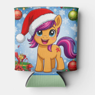 Festliches Cartoon-Pony mit Weihnachtsmannmütze  Dosenkühler