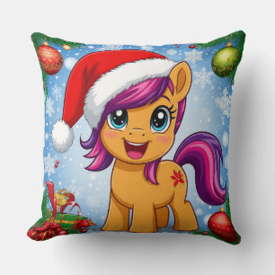 Festliches Cartoon-Pony mit Weihnachtsmannmütze Kissen