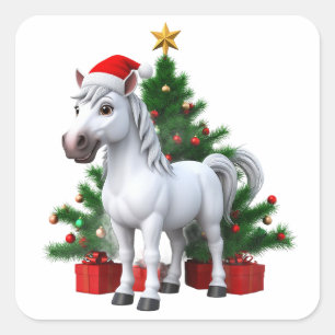 Festliches Cartoon-Pony mit Weihnachtsmannmütze Quadratischer Aufkleber