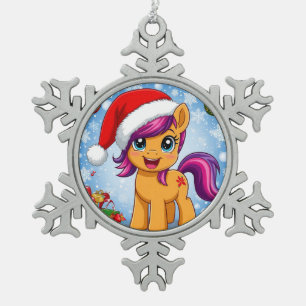 Festliches Cartoon-Pony mit Weihnachtsmannmütze  Schneeflocken Zinn-Ornament