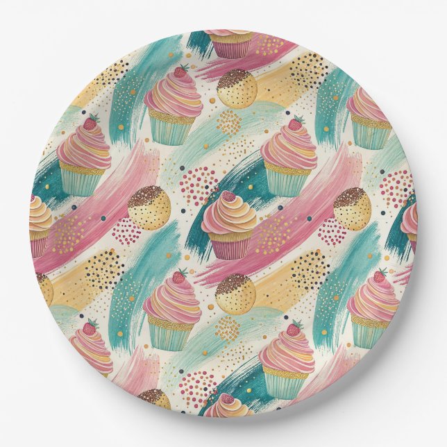 Festliches Cupcake & Brushstroke Celebration Patte Pappteller (Vorderseite)