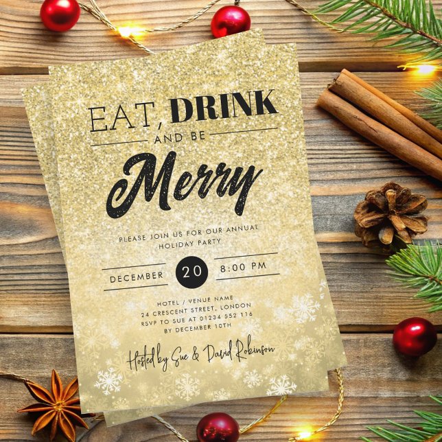 Festliches "Eat & Drink" Gold Holiday Weihnachten  Einladung (Festive "Eat & Drink" Gold Holiday Christmas Party Invitation)