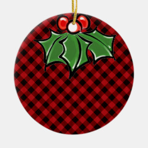 Festliches Feiertags-Rotkariert mit Stechpalmenzwe Keramik Ornament