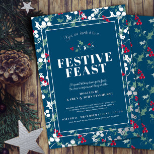 Festliches Fest blaue rote Beeren Weihnachtsabend Folieneinladung