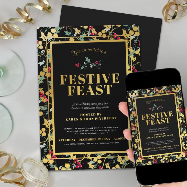 Festliches Fest schwarze goldene Beeren Weihnachts Einladung (Von Creator hochgeladen)