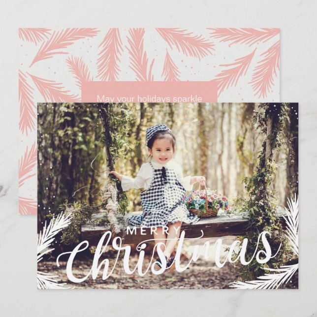 Festliches Foto Rosa Blattwerk Weihnachtskarte Feiertagskarte (Vorne/Hinten)