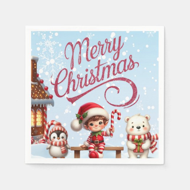 Festliches Geschirr I Elf, Pinguin und Polar Bear Serviette (Vorderseite)