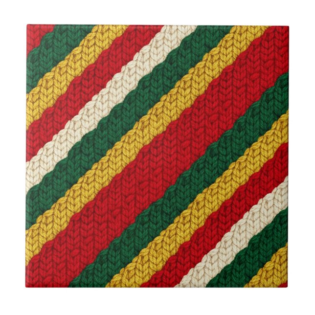 Festliches gestreiftes Strickmuster in Rot, Grün,  Fliese (Vorderseite)