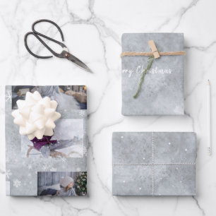 Festliches graues Foto-Schneeflocken-Weihnachtsskr Geschenkpapier Set