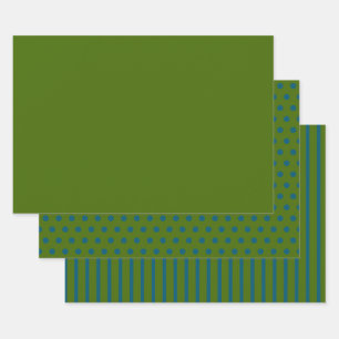 Festliches Grün Blau Punkte Streifen Einheitlich Geschenkpapier Set
