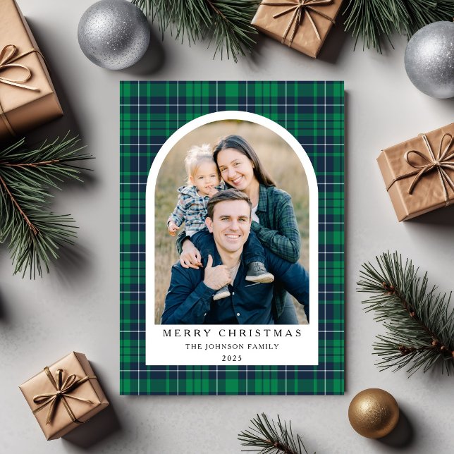 Festliches Grün Kariertes Foto Weihnachten (Festive Green Plaid Photo Christmas Holiday Card)