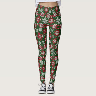 Festliches Grün-Rot-Weiß-Nordisches Strickmuster Leggings