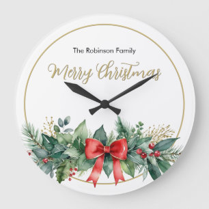 Festliches Grün Roter Band Elegantes Weihnachten Große Wanduhr