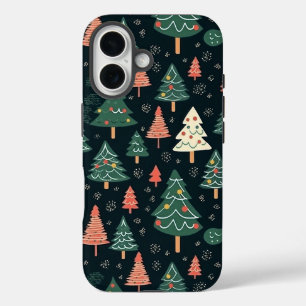 Festliches Grün und Korallen-Weihnachtsbaum-Muster iPhone 16 Hülle