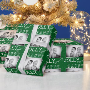 Festliches Grün-Weiß-Typografie-Weihnachtsfoto Geschenkpapier